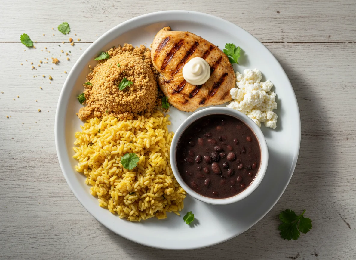 Prato brasileiro com frango, arroz, feijão e farofa photo
