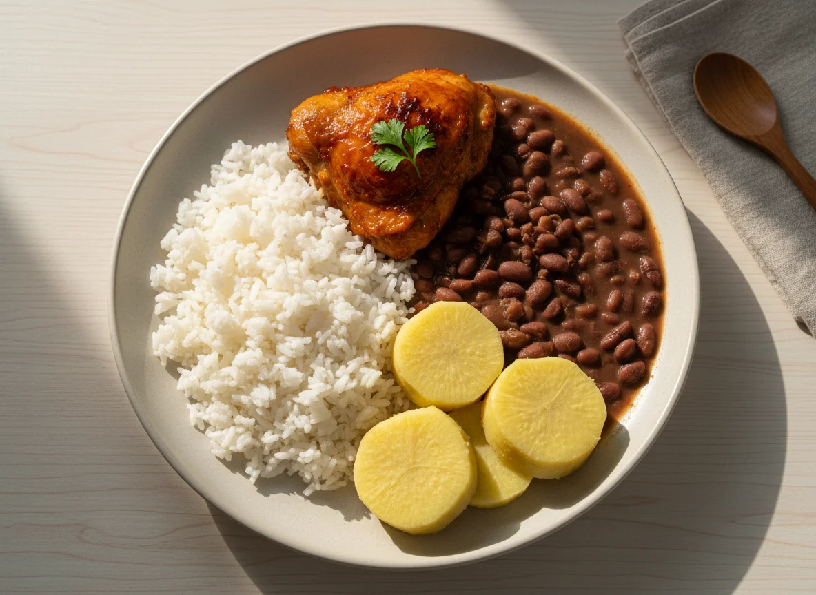 Prato brasileiro com frango, arroz, feijão e inhame photo