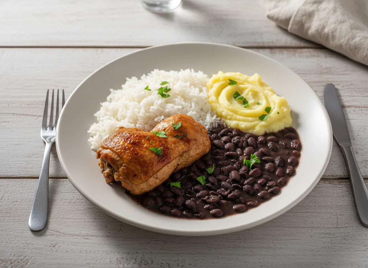 Prato brasileiro com frango, arroz, feijão e purê de batata photo