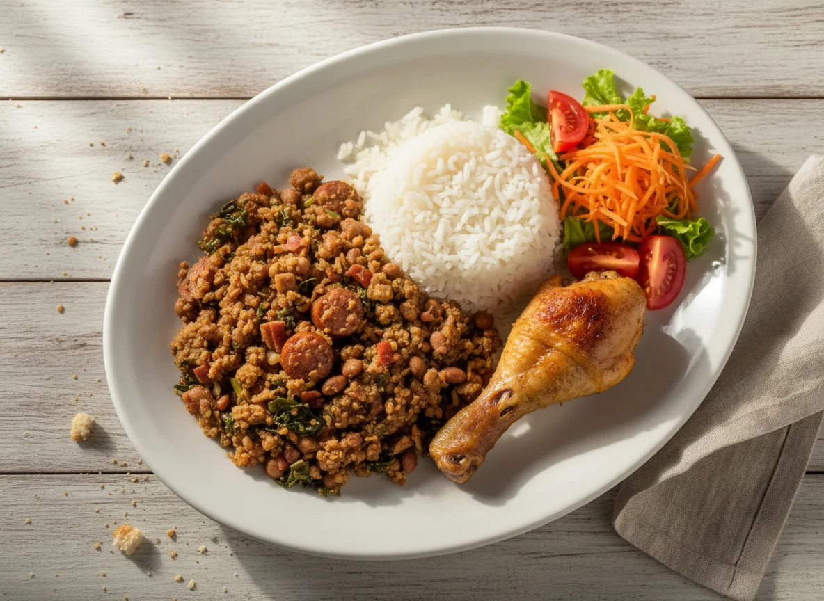 Prato brasileiro com frango, arroz, feijão e salada photo
