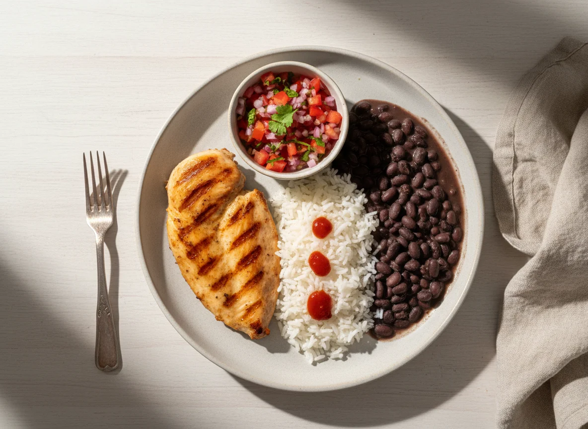 Prato brasileiro com frango, arroz, feijão e vinagrete photo