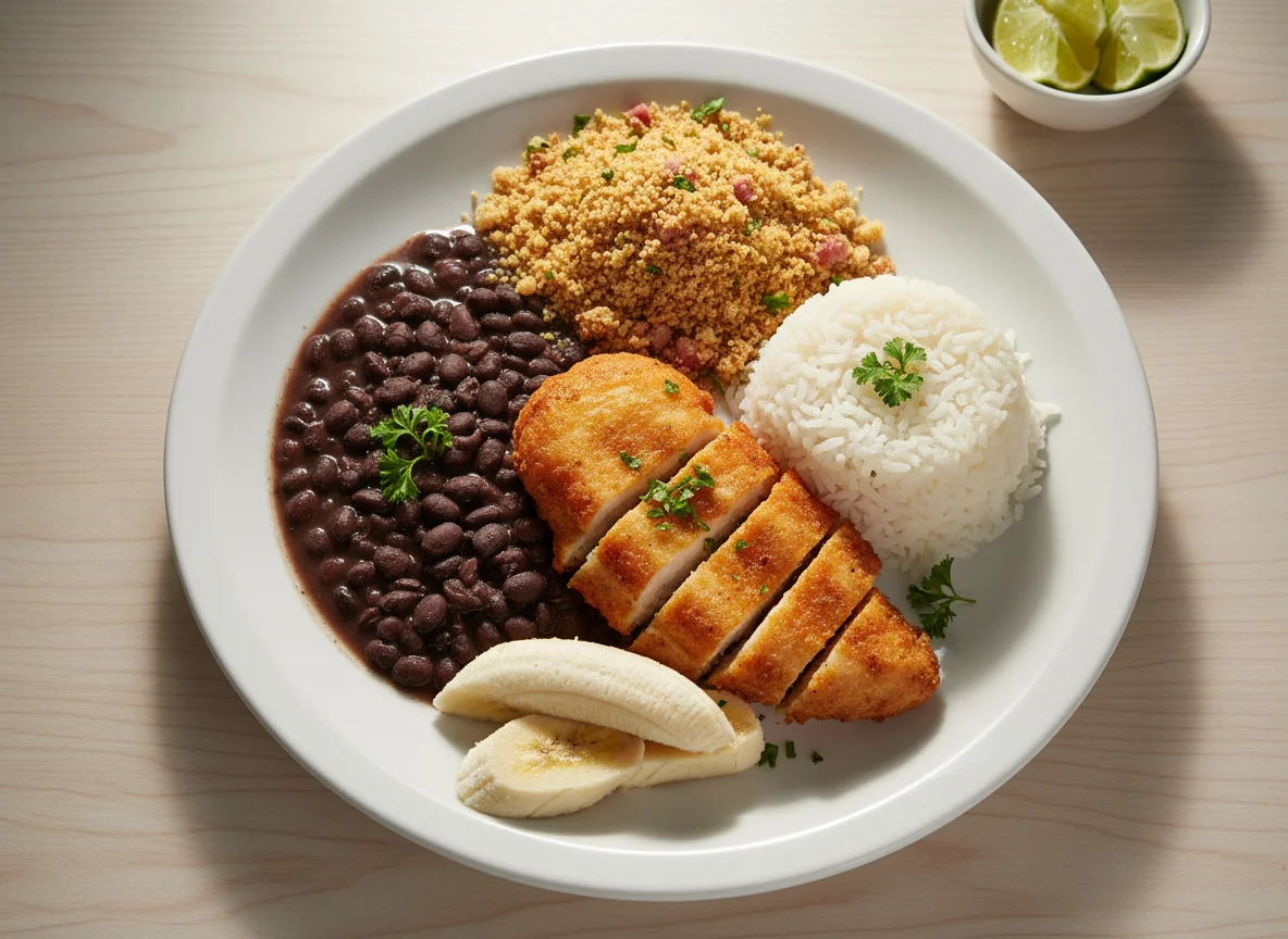 Prato brasileiro com frango, arroz, feijão, farofa e banana photo