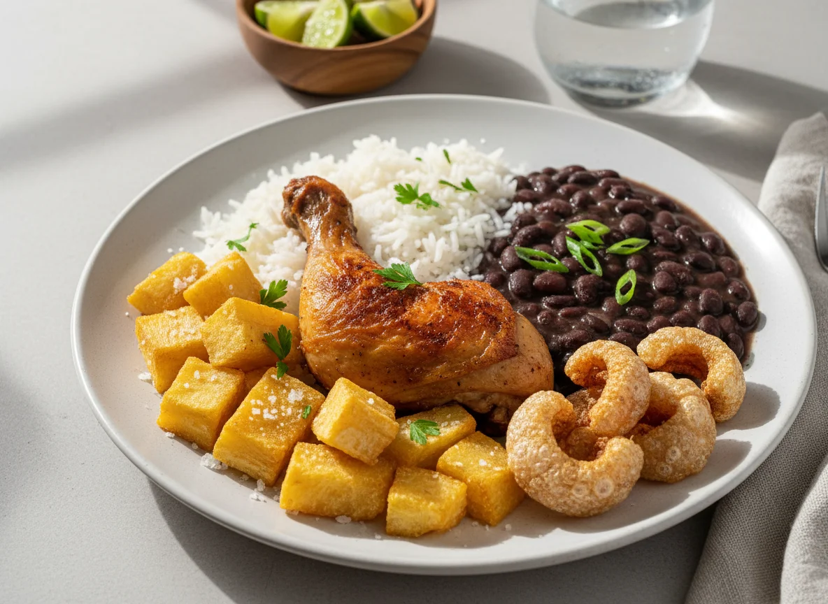 Prato brasileiro com frango, arroz, feijão, mandioca frita e torresmo photo