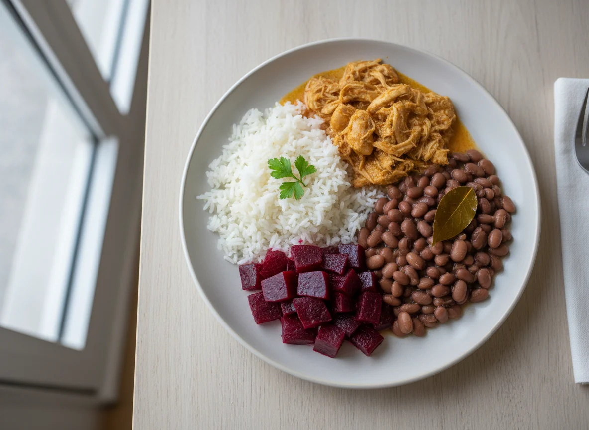 Prato brasileiro com frango desfiado, feijão, arroz e beterraba photo