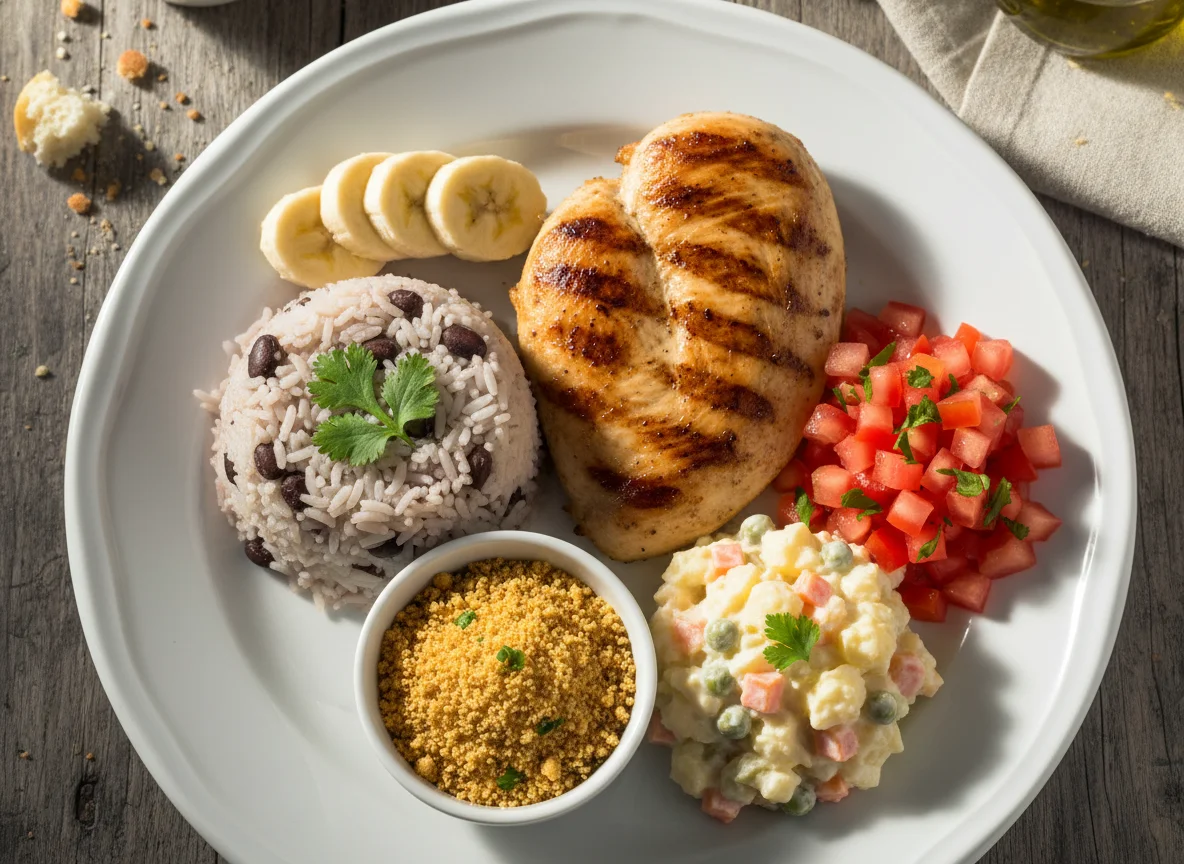 Prato brasileiro com frango e acompanhamentos photo