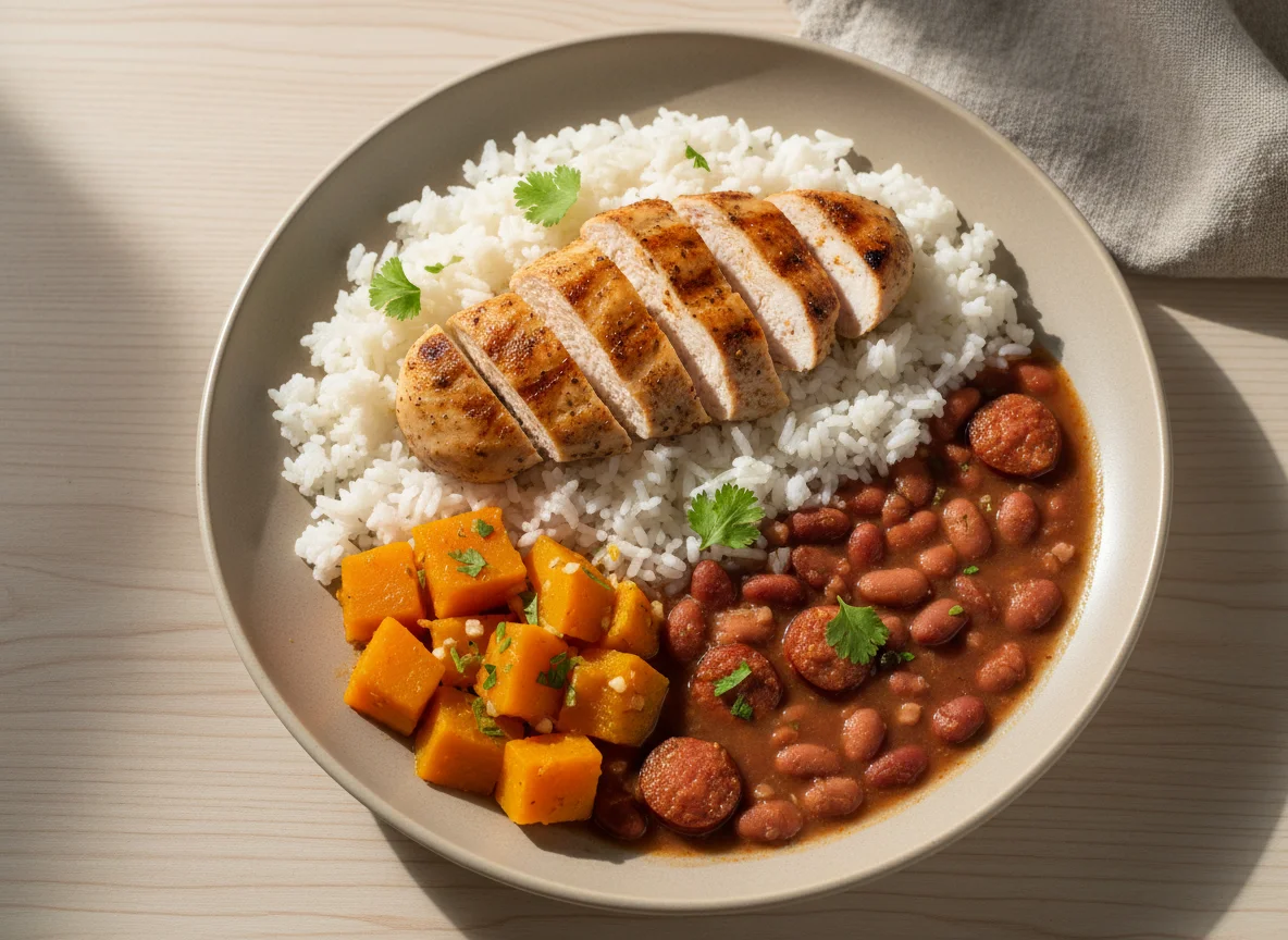 Prato brasileiro com frango, feijão, arroz e abóbora photo
