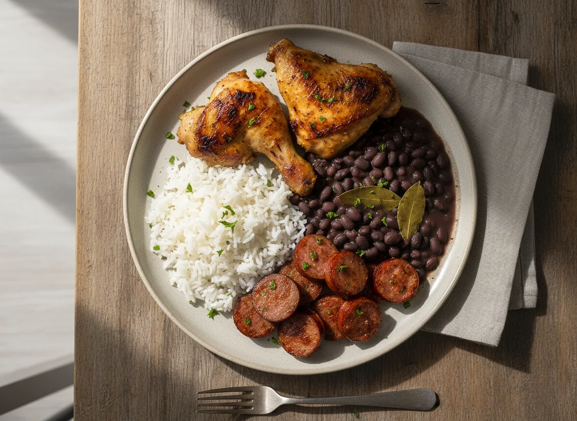 Prato brasileiro com frango, feijão, arroz e linguiça photo