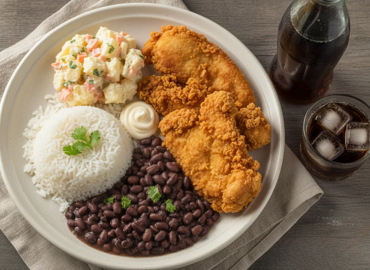 Prato brasileiro com frango, feijão e salada photo