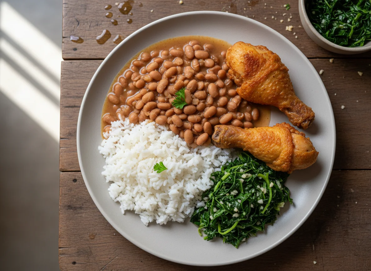 Prato brasileiro com frango frito, feijão, arroz e couve photo