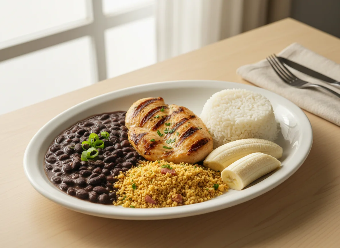 Prato brasileiro com frango grelhado, arroz, feijão, farofa e banana photo