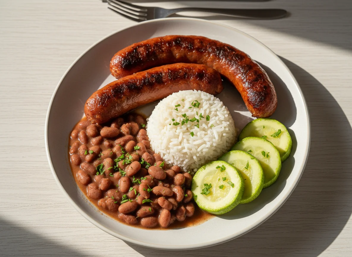 Prato brasileiro com linguiça, arroz, feijão e abobrinha photo