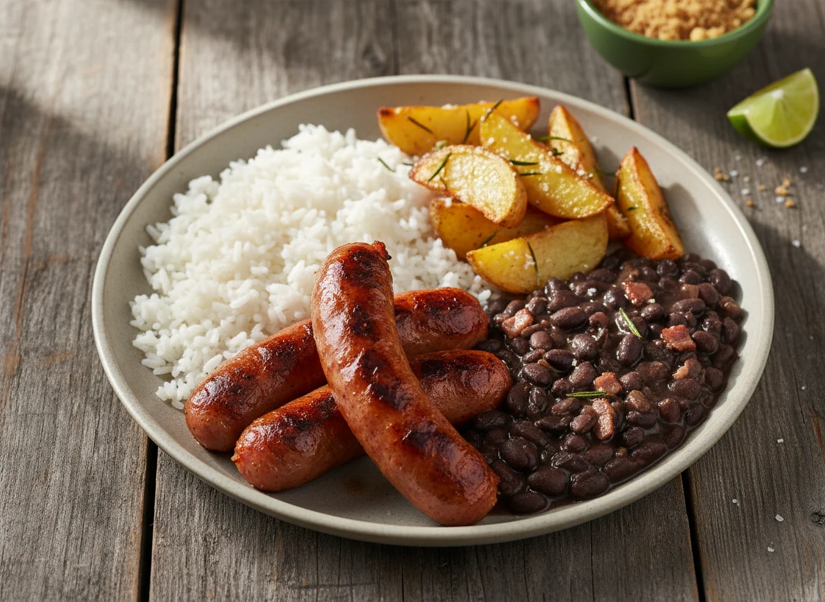 Prato brasileiro com linguiça, arroz, feijão e batata photo