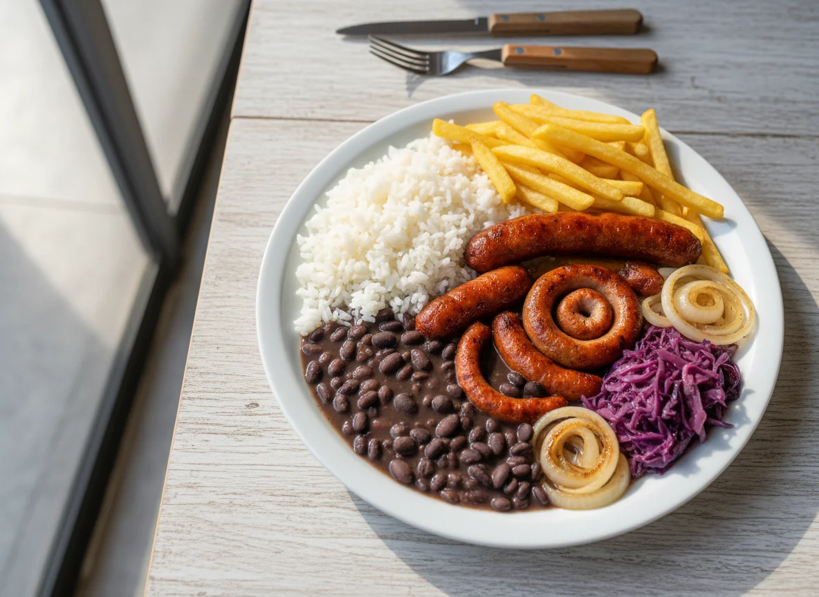 Prato brasileiro com linguiça e acompanhamentos photo