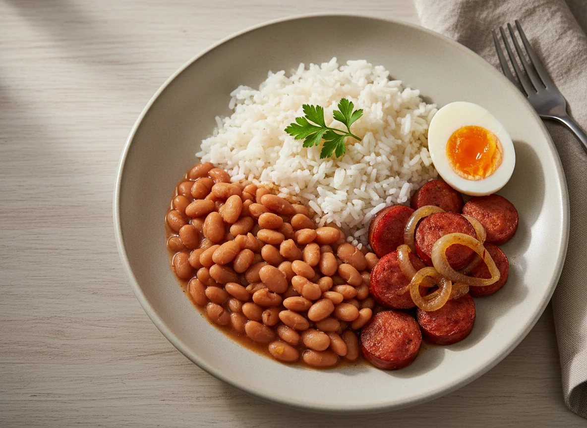 Prato brasileiro com linguiça, feijão, arroz e ovo photo