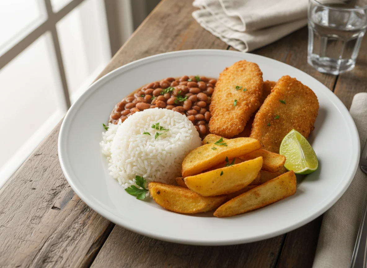 Prato brasileiro com peixe frito e batatas photo