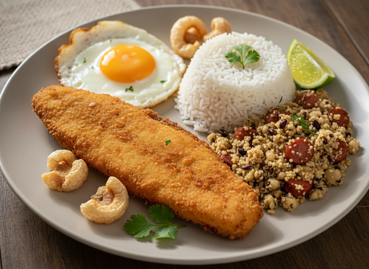Prato brasileiro com peixe frito e farofa photo