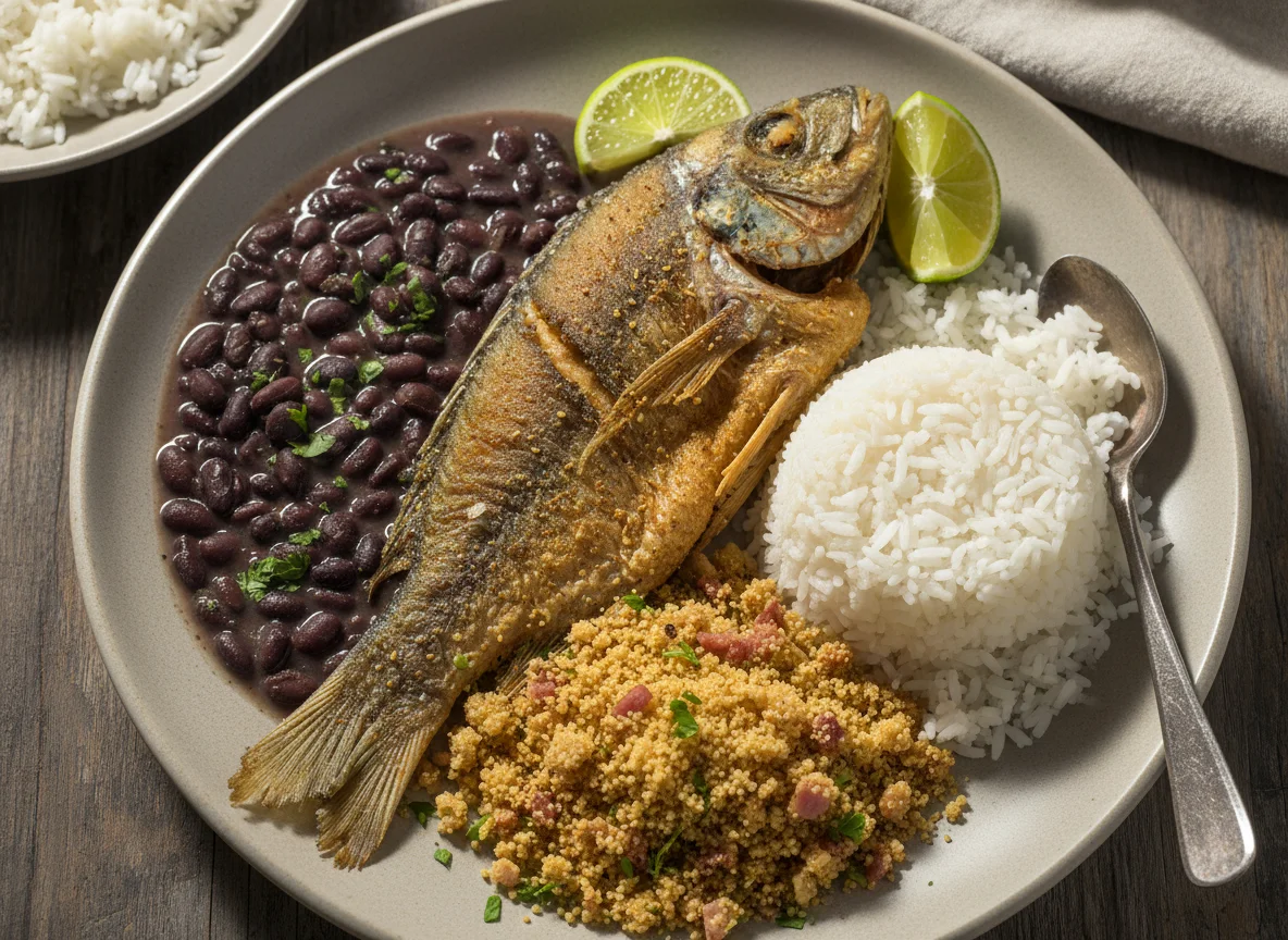 Prato brasileiro com peixe frito, feijão, arroz e farofa photo