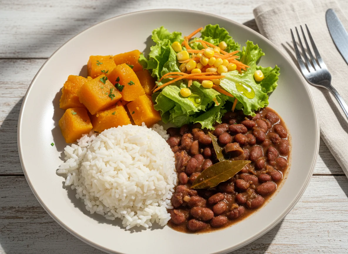 Prato caseiro com abóbora, salada, arroz e feijão photo