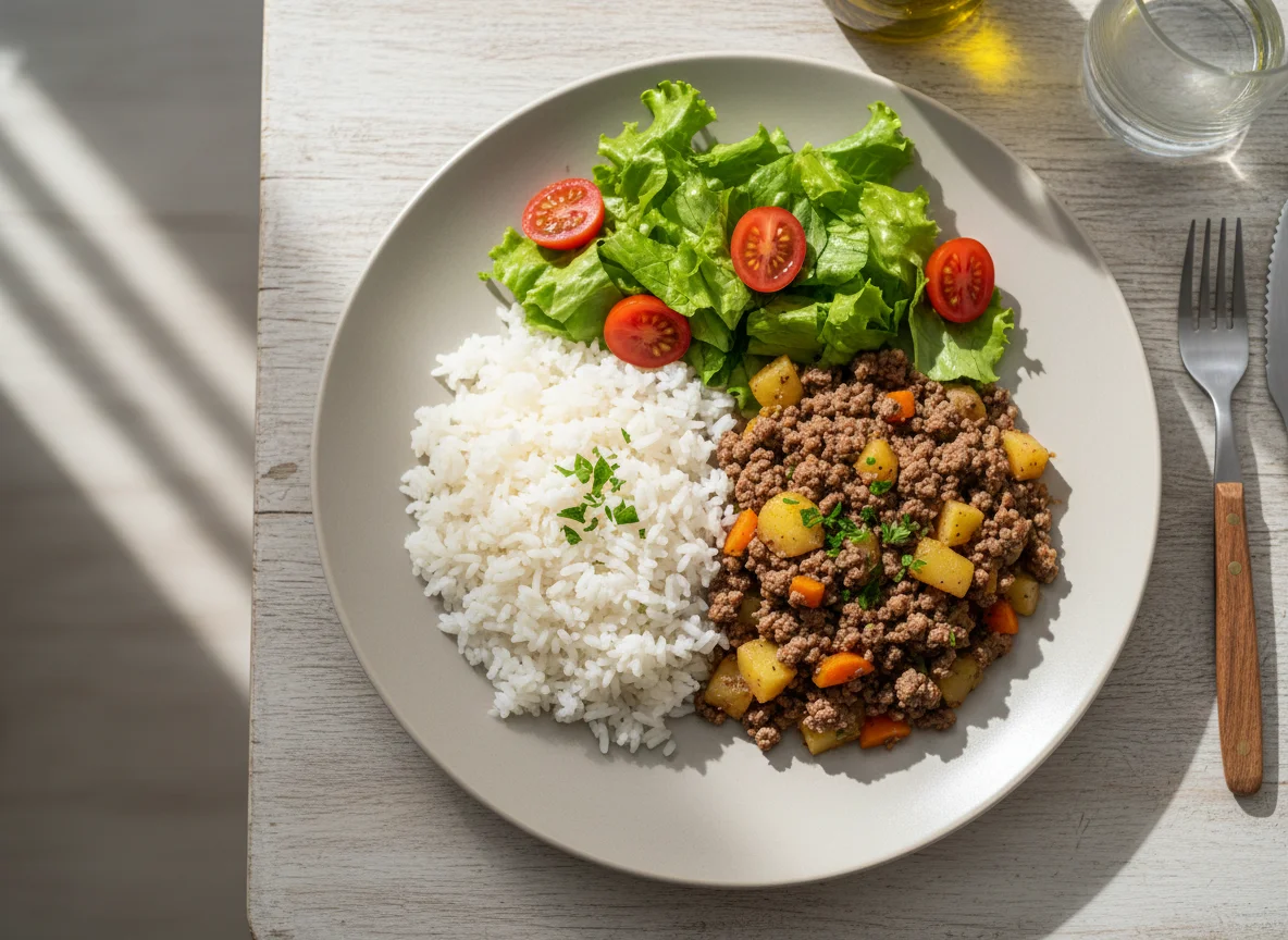 Prato caseiro com arroz, carne moída e salada photo