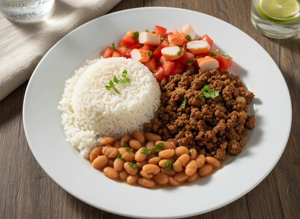 Prato caseiro com arroz, carne moída, feijão, tomate e kani photo