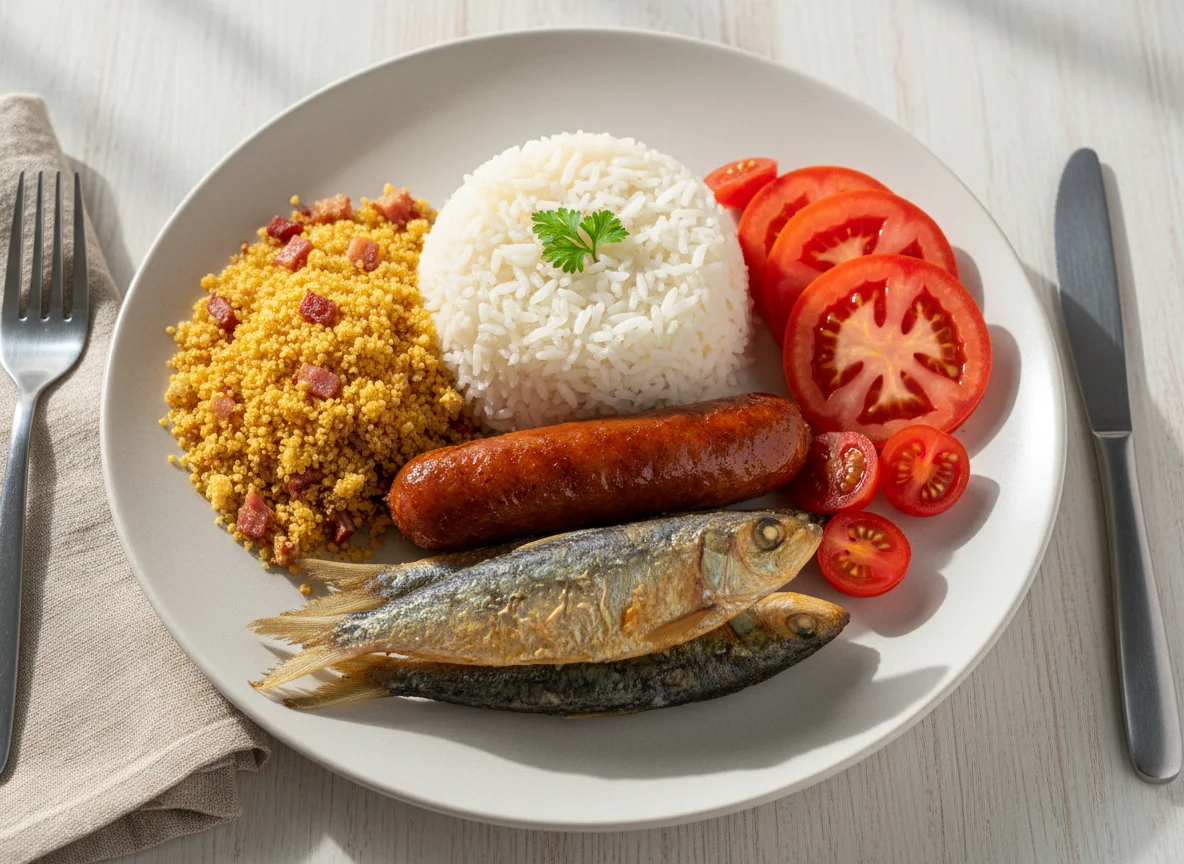Prato caseiro com arroz, farofa, linguiça, peixe e tomate photo
