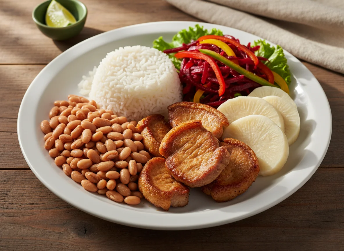 Prato caseiro com arroz, feijão, carne de porco, inhame e salada photo