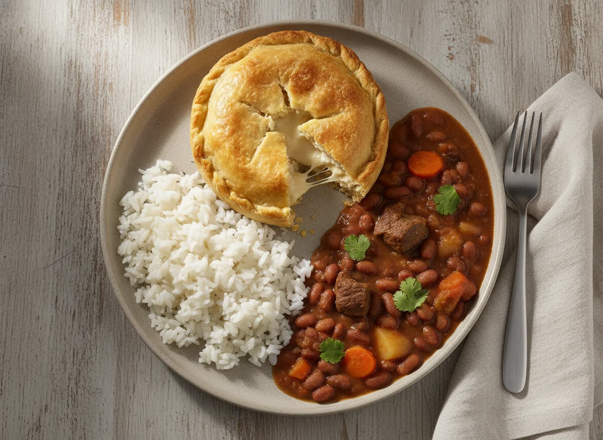 Prato caseiro com arroz, feijão e torta de frango photo
