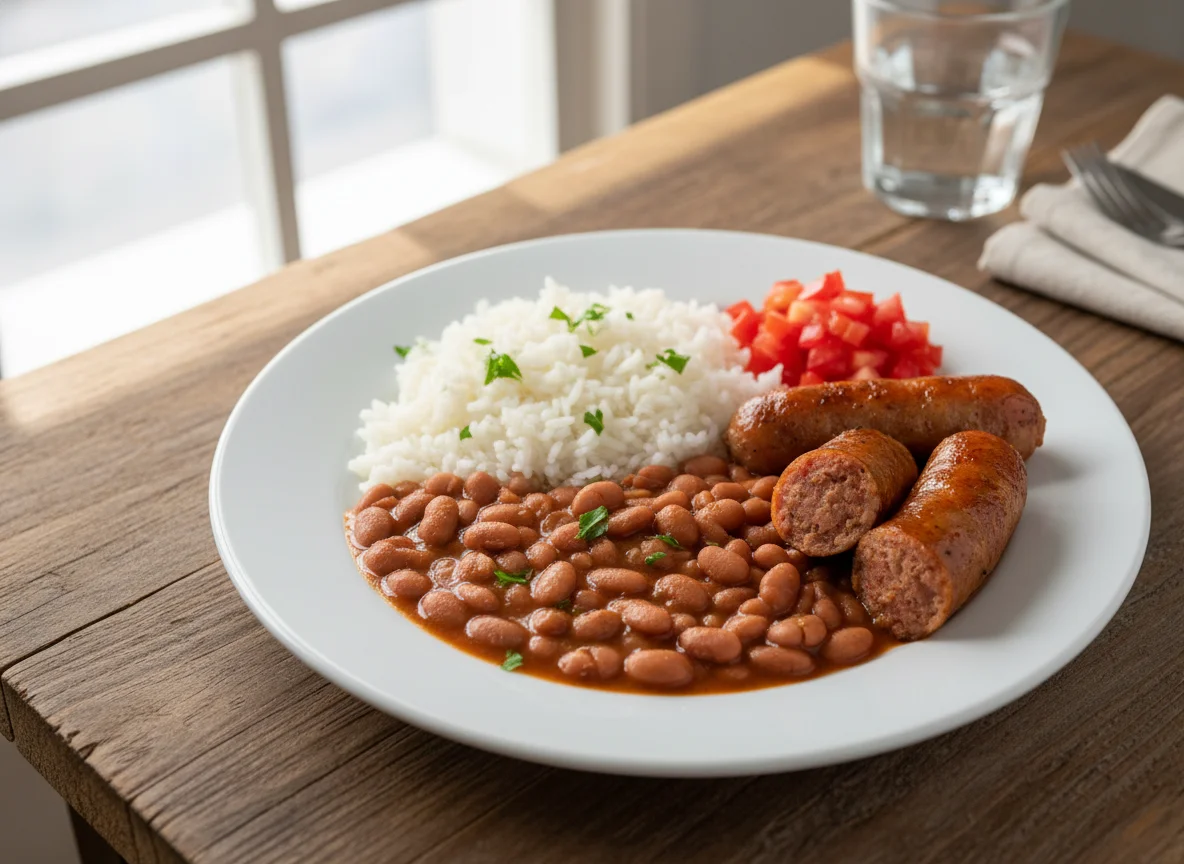Prato caseiro com arroz, feijão, linguiça e tomate photo