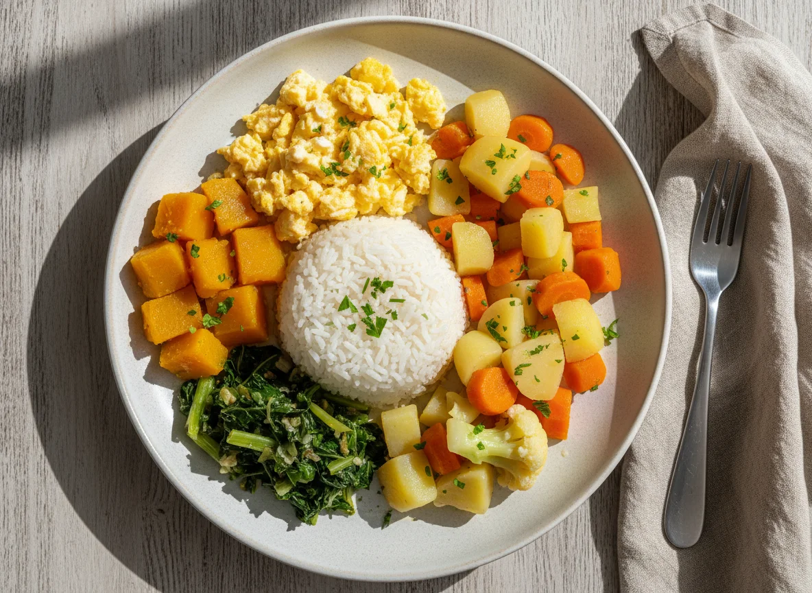 Prato caseiro com arroz, legumes e ovos mexidos photo