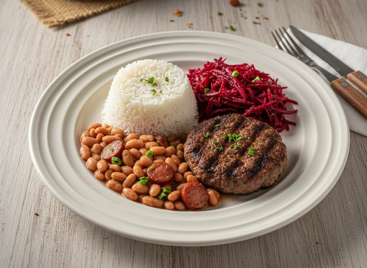 Prato caseiro com bife e acompanhamentos photo