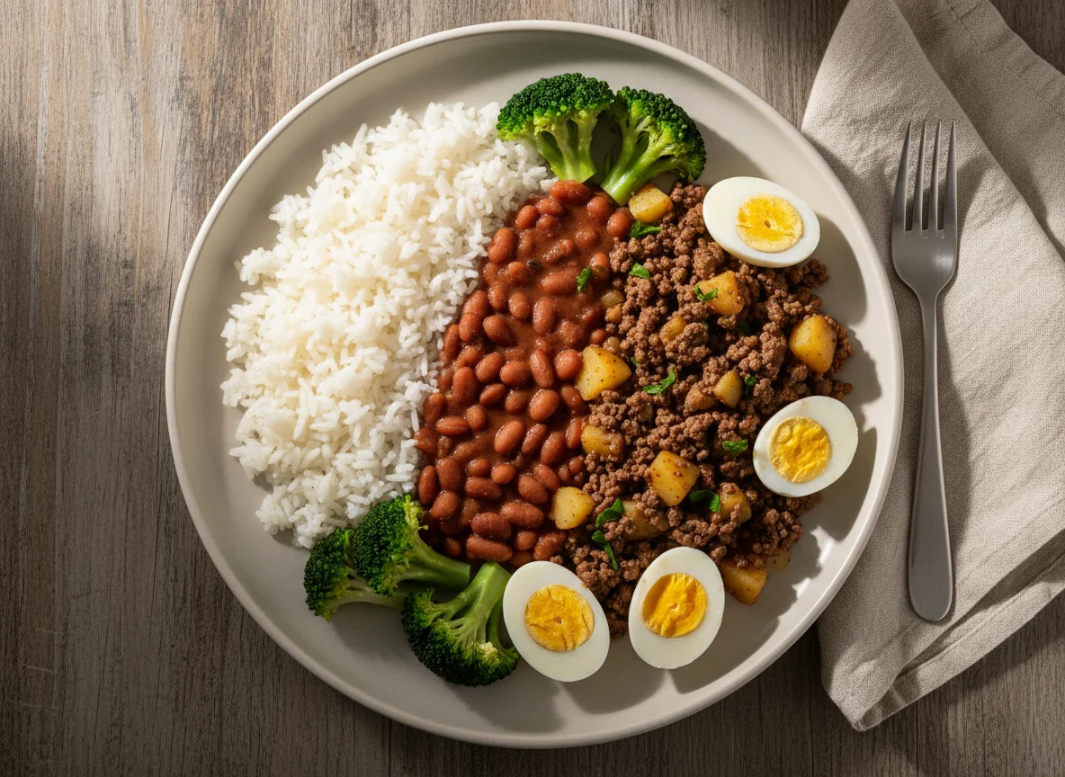 Prato caseiro com brócolis, ovos de codorna, arroz, feijão e carne moída photo