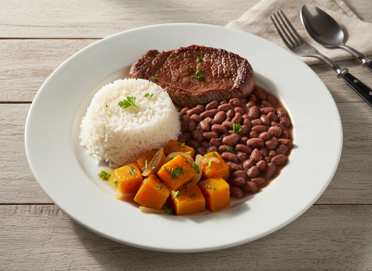 Prato caseiro com carne, abóbora, feijão e arroz photo