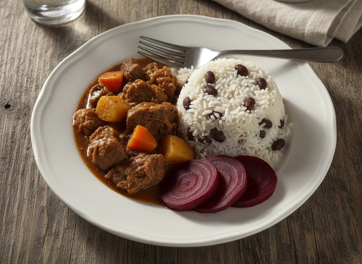 Prato caseiro com carne, arroz e beterraba photo