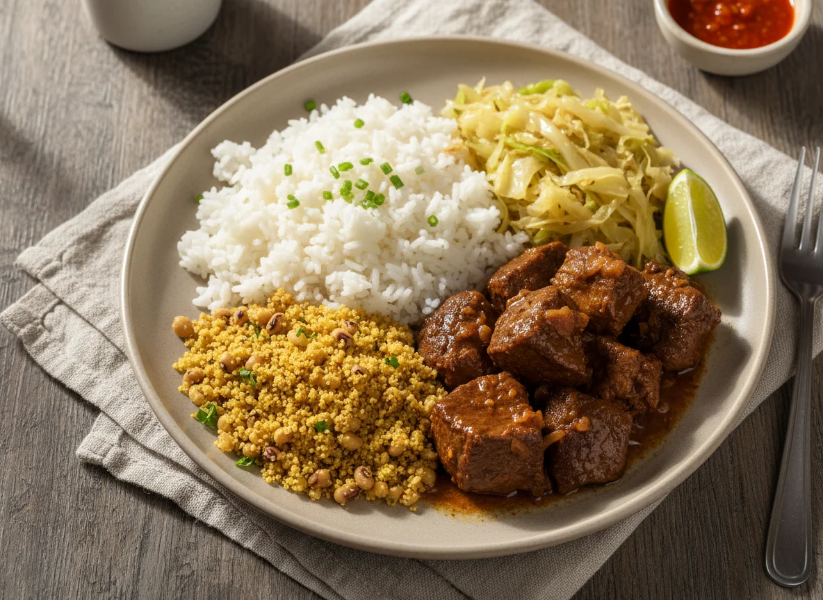 Prato caseiro com carne, arroz, repolho e farofa photo