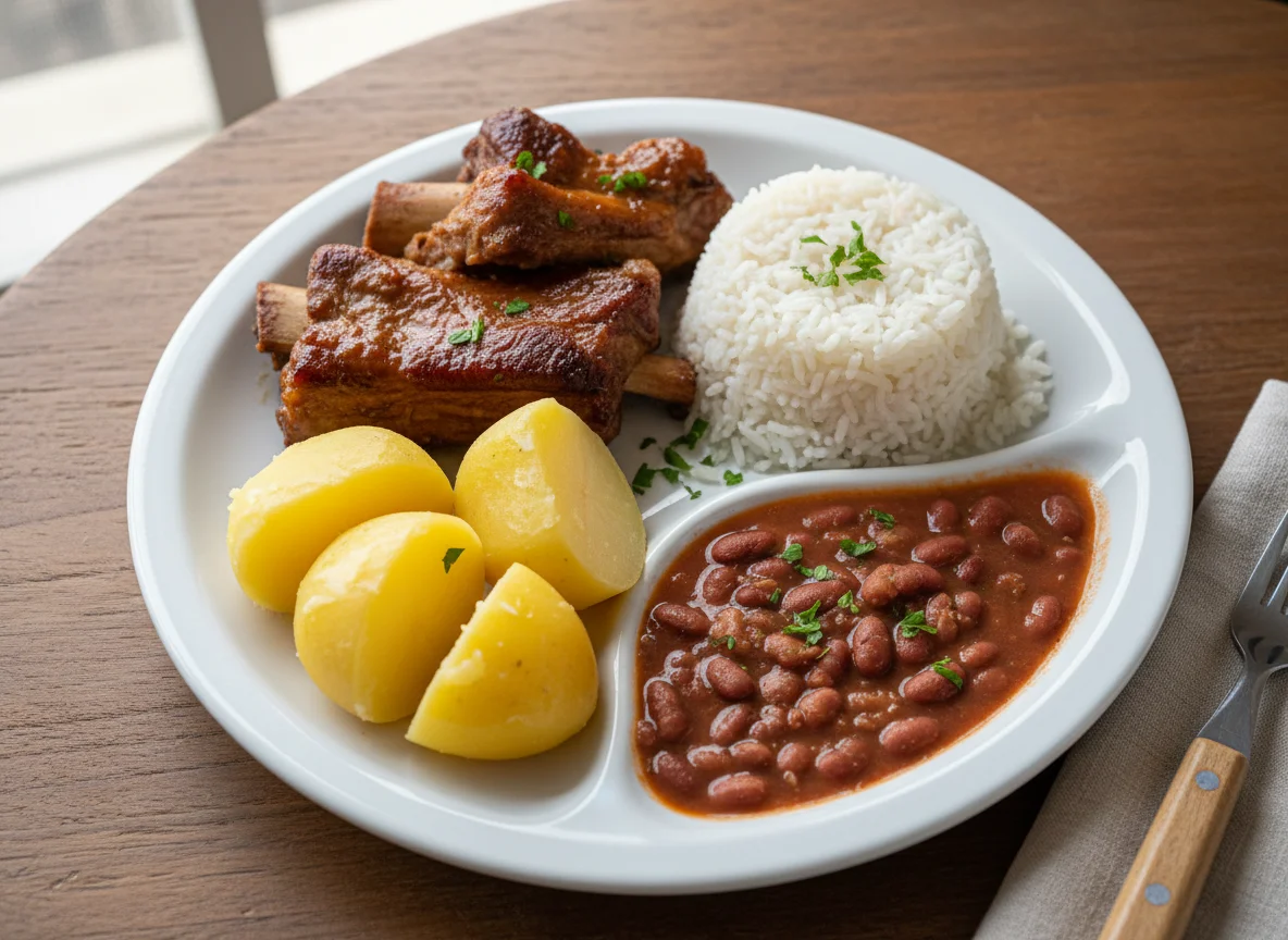 Prato caseiro com carne, batata, arroz e feijão photo