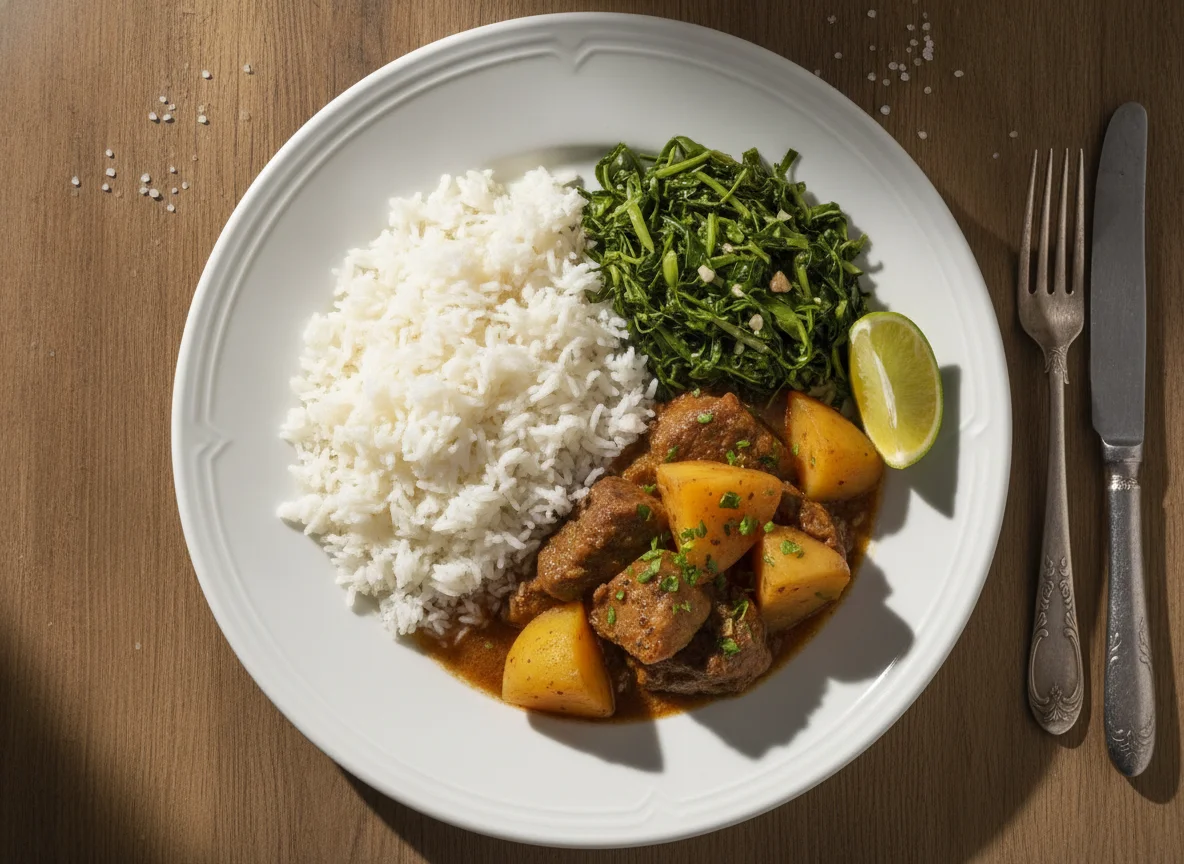Prato caseiro com carne, batatas, arroz e couve photo