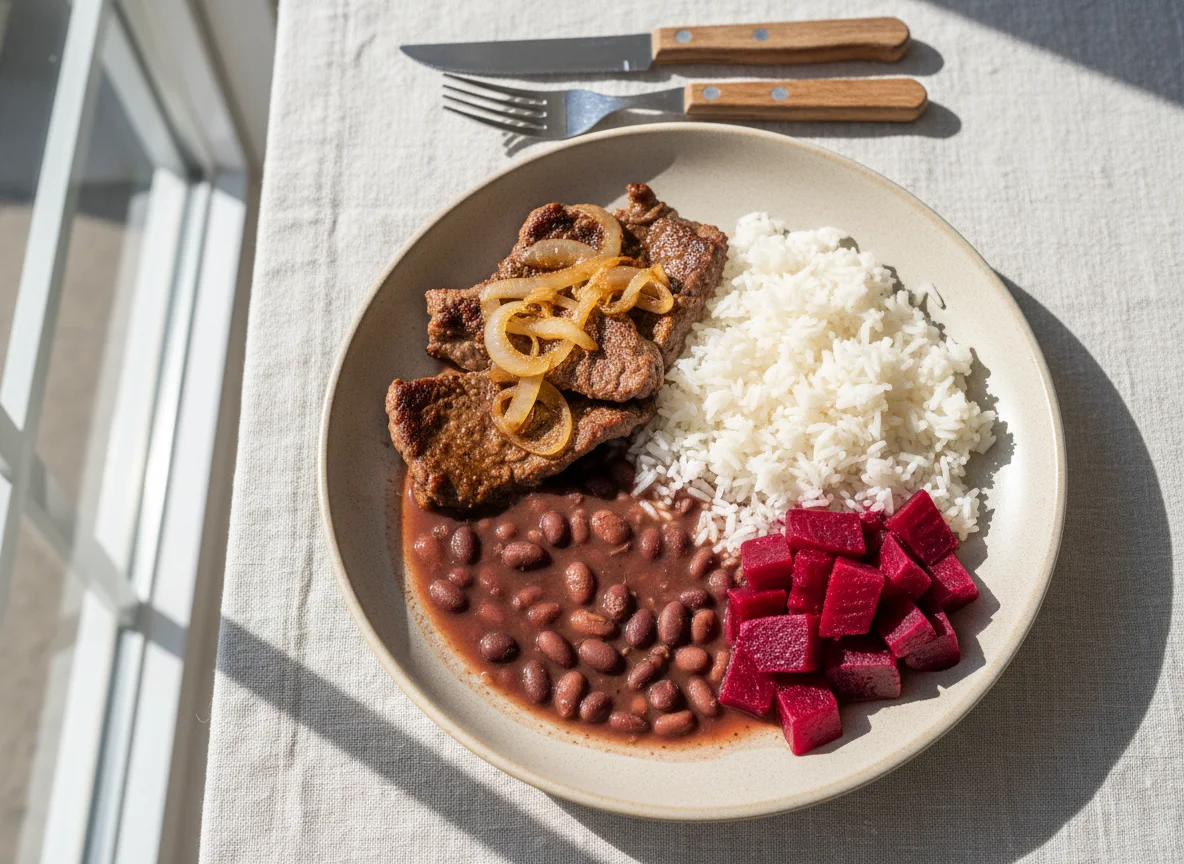 Prato caseiro com carne, beterraba, arroz e feijão photo