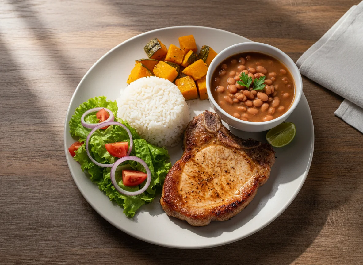 Prato caseiro com carne de porco, abóbora, feijão, arroz e alface photo