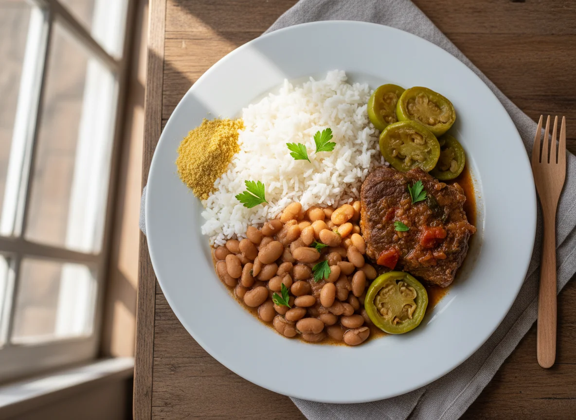 Prato caseiro com carne, jiló e arroz com feijão photo