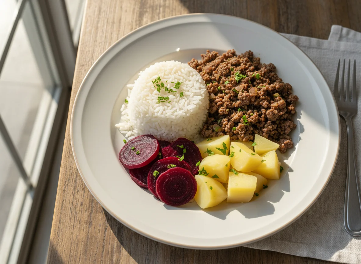 Prato caseiro com carne moída, arroz, batata e beterraba photo