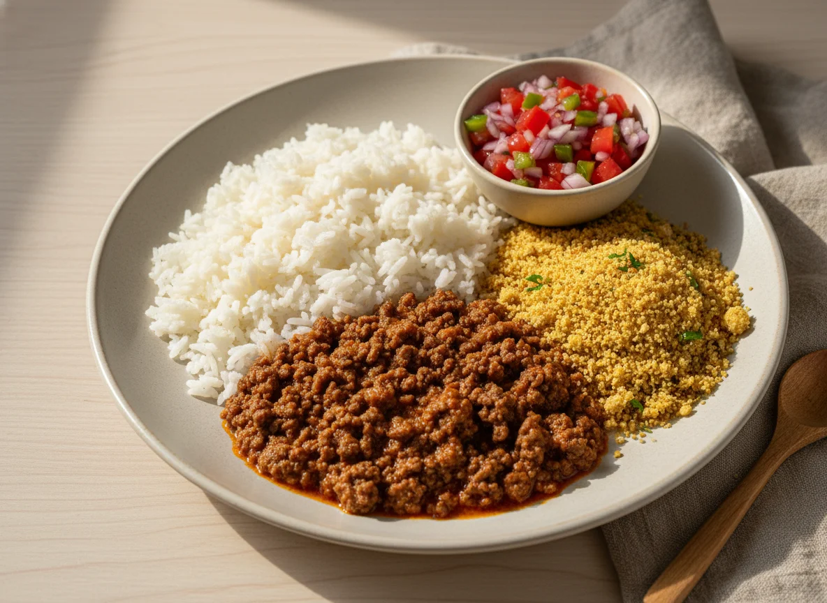 Prato caseiro com carne moída, arroz, farofa e vinagrete photo