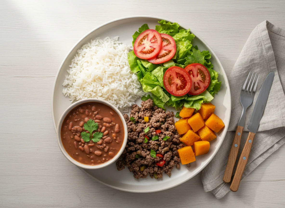 Prato caseiro com carne moída, arroz, feijão, abóbora e salada photo
