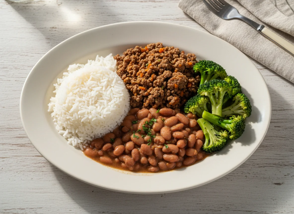Prato caseiro com carne moída, arroz, feijão e brócolis photo