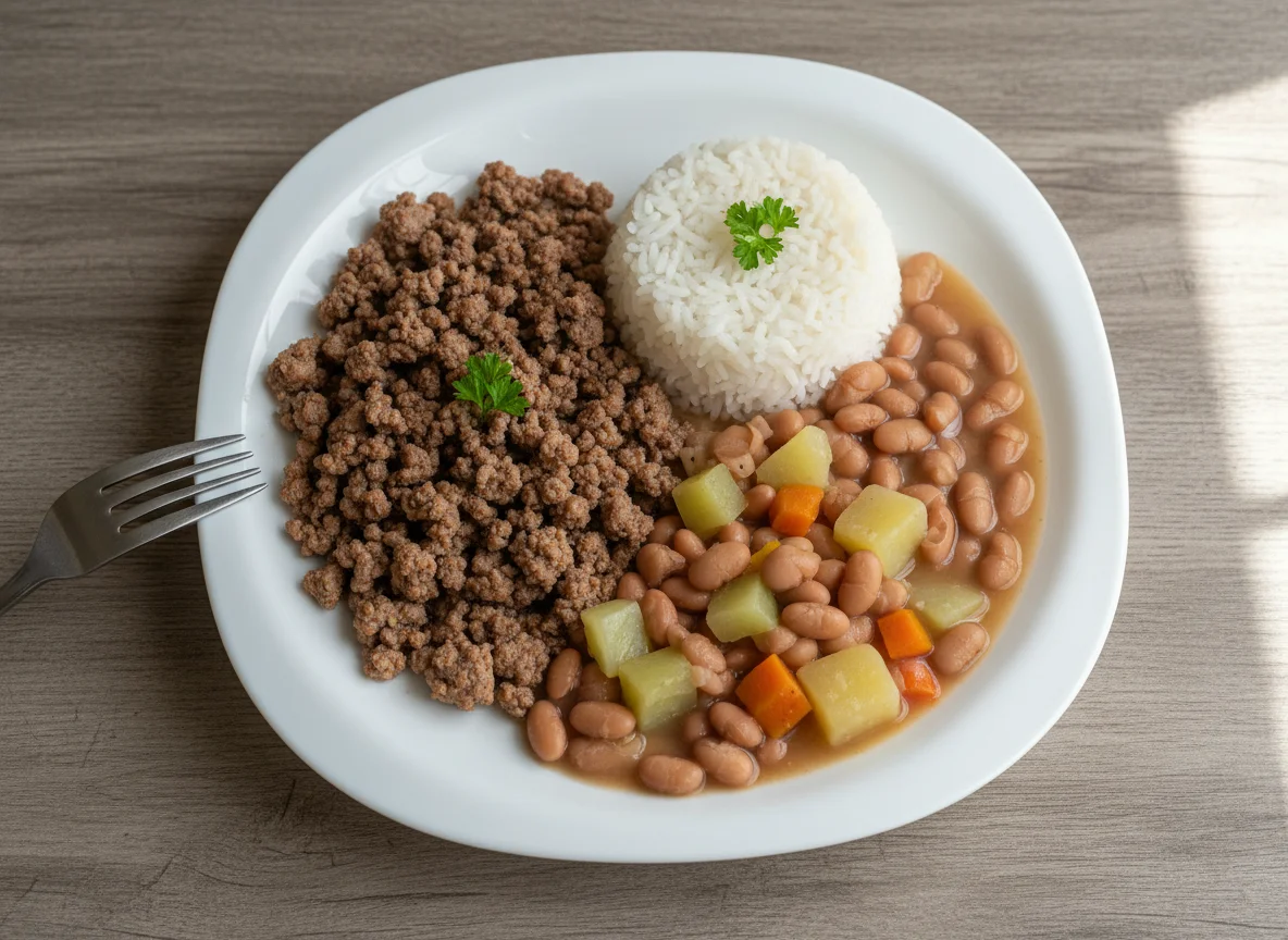 Prato caseiro com carne moída, arroz, feijão e legumes photo