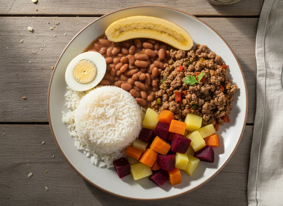 Prato caseiro com carne moída, arroz, feijão, legumes e banana photo