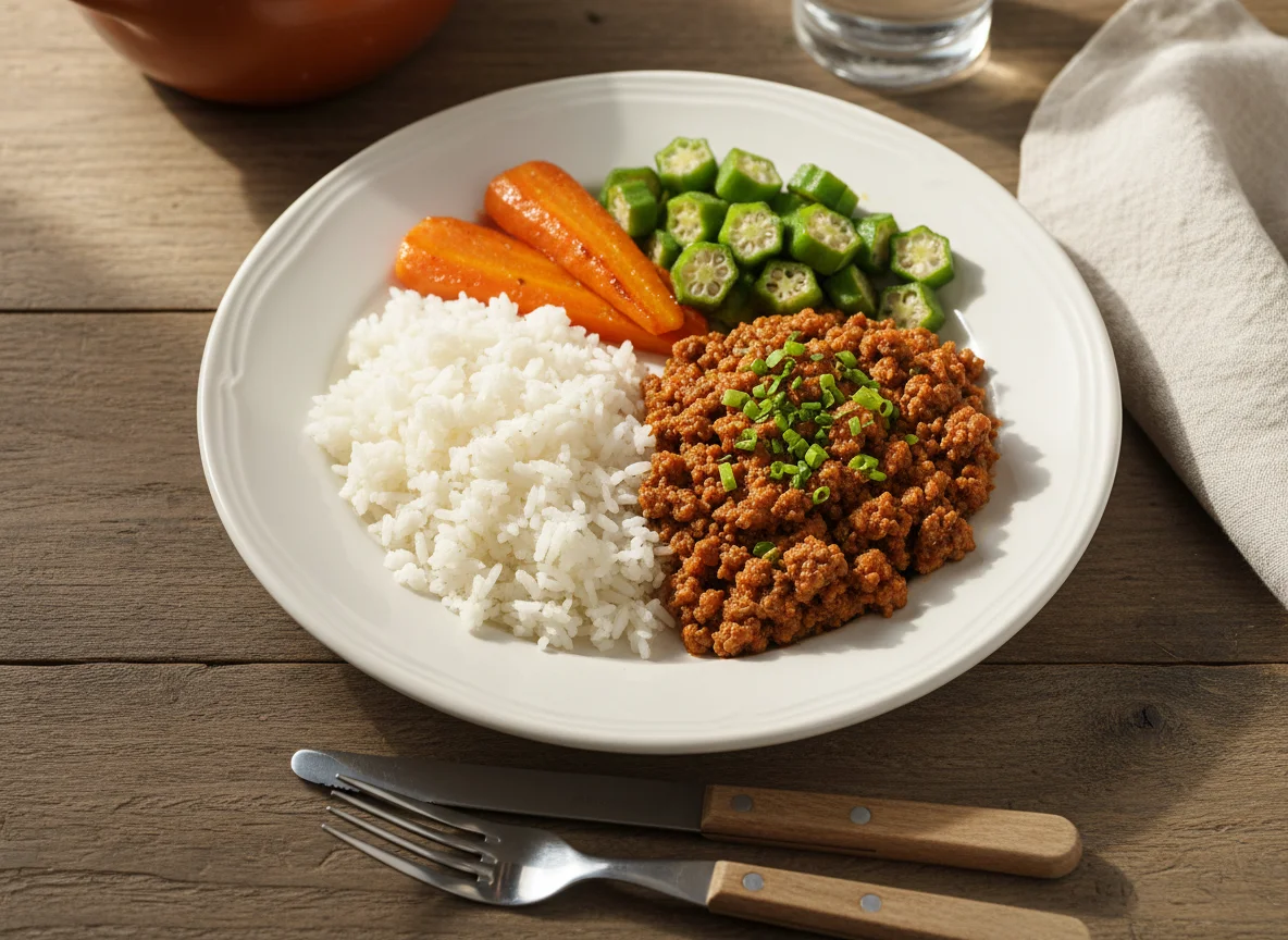 Prato caseiro com carne moída, arroz, quiabo e cenoura photo