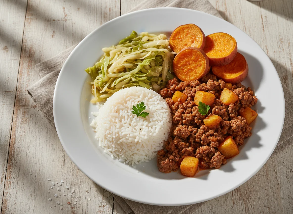 Prato caseiro com carne moída, arroz, repolho e batata doce photo