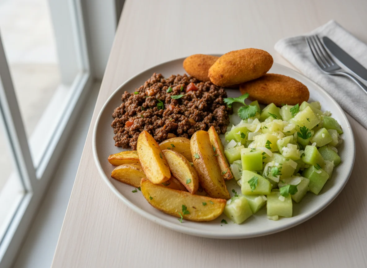 Prato caseiro com carne moída, batatas e chuchu photo