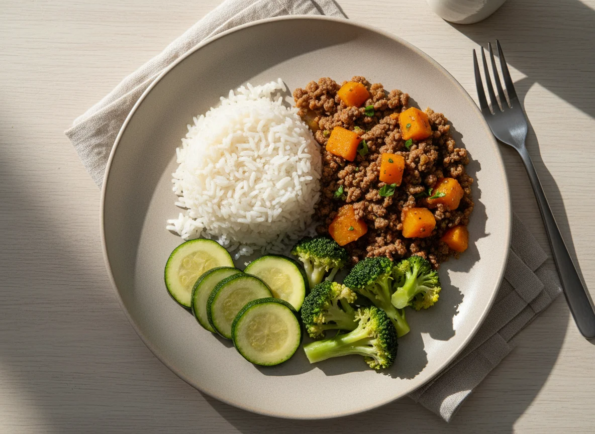Prato caseiro com carne moída e legumes photo