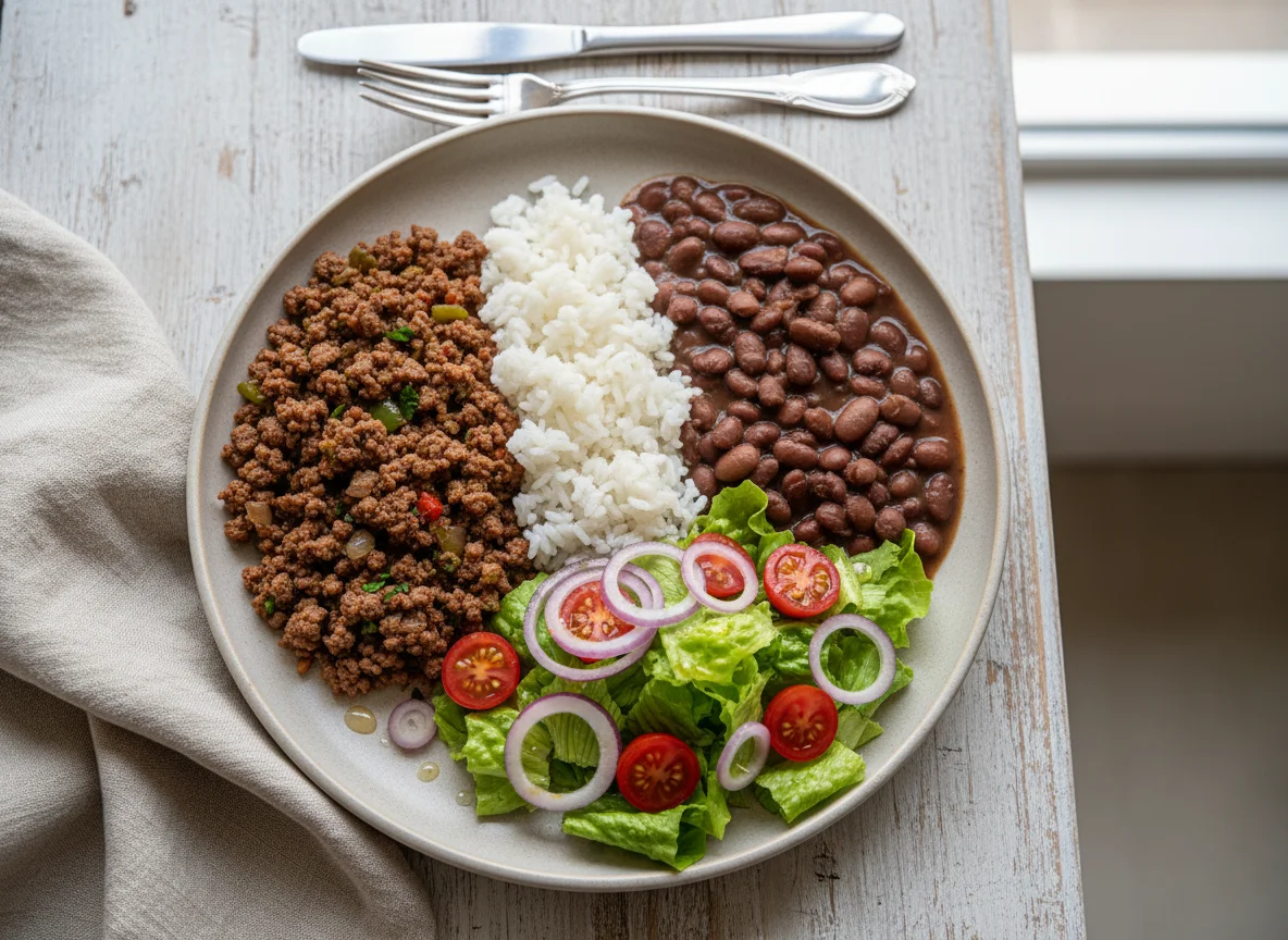 Prato caseiro com carne moída, feijão, arroz e salada photo